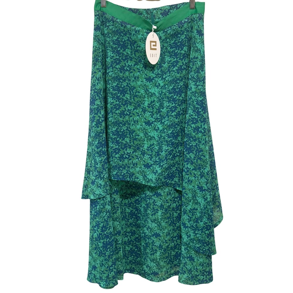 EDIT Jeanne Beker Boho Resort Green Floral Asymmetrical Maxi Skirt XL NEW